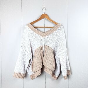 POL Oversize Chunky Knit V-Neck Sweater Color Block Cream Beige - Size S